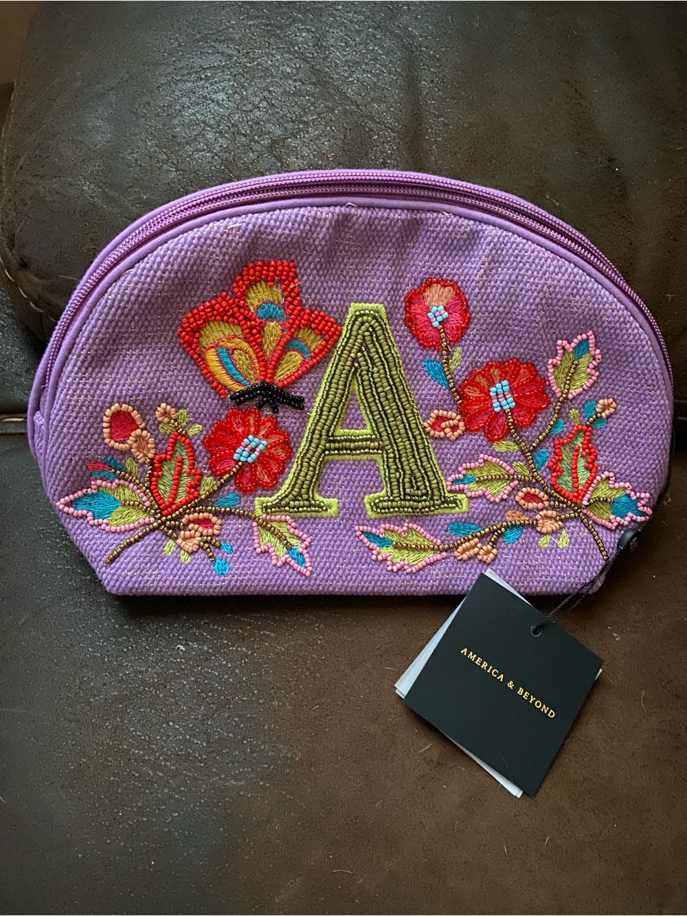 America & Beyond Purple Embroidered Cosmetic Bag with 'A' Monogram